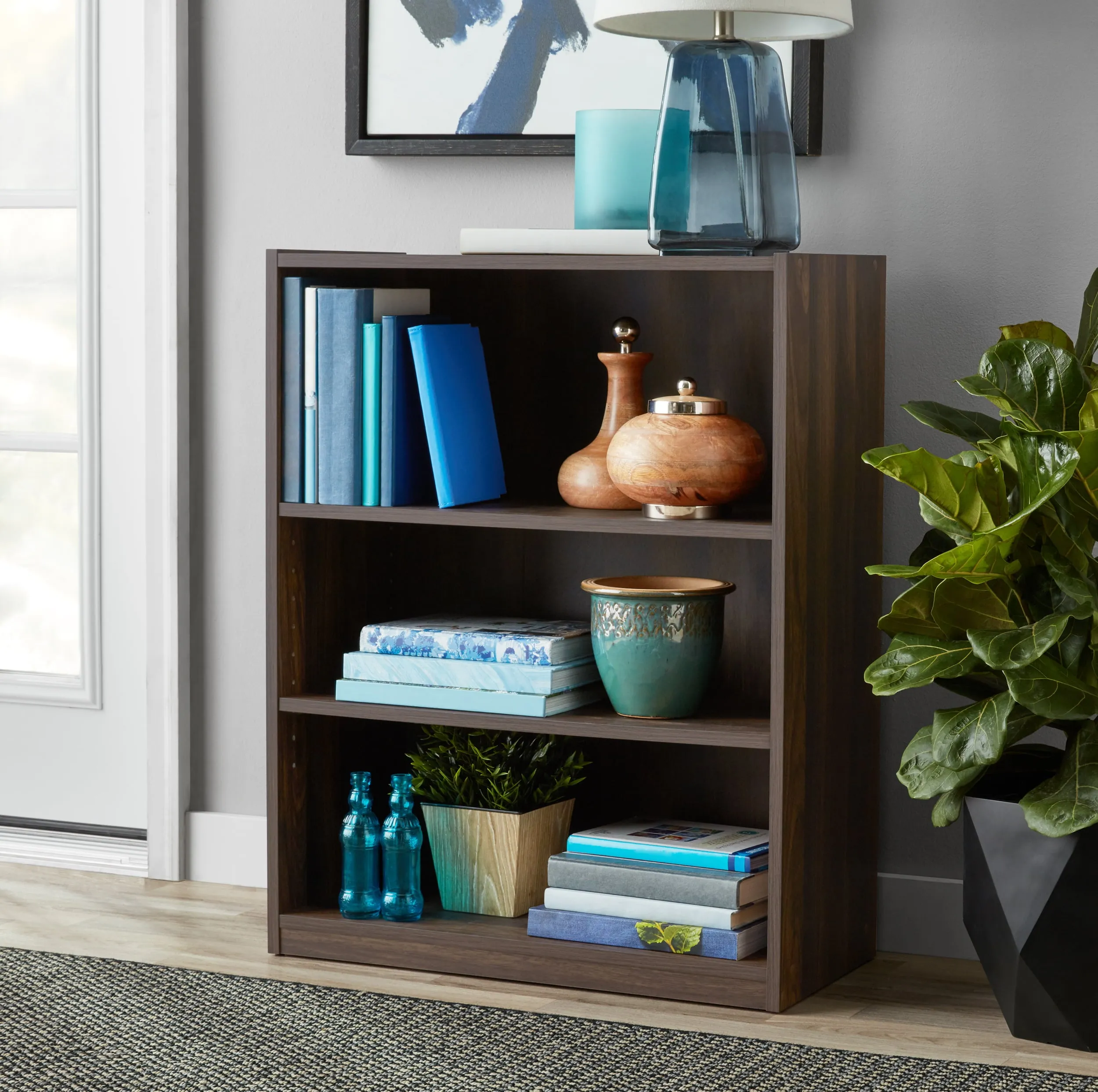 3-Shelf Bookcase Sleek And Sturdy Bookshelf W/ Adjustable Shelves Canyon Walnut