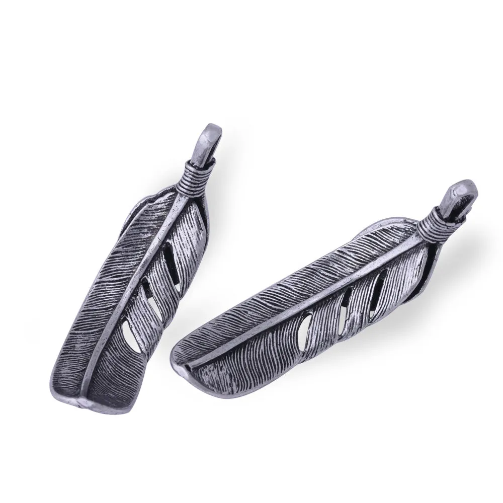 5 pcs Antique Silver  Feather Charm Bird Feather Pendant Curved Leaf Pendants Bracelet Link Jewelry Supplies 55x15 mm