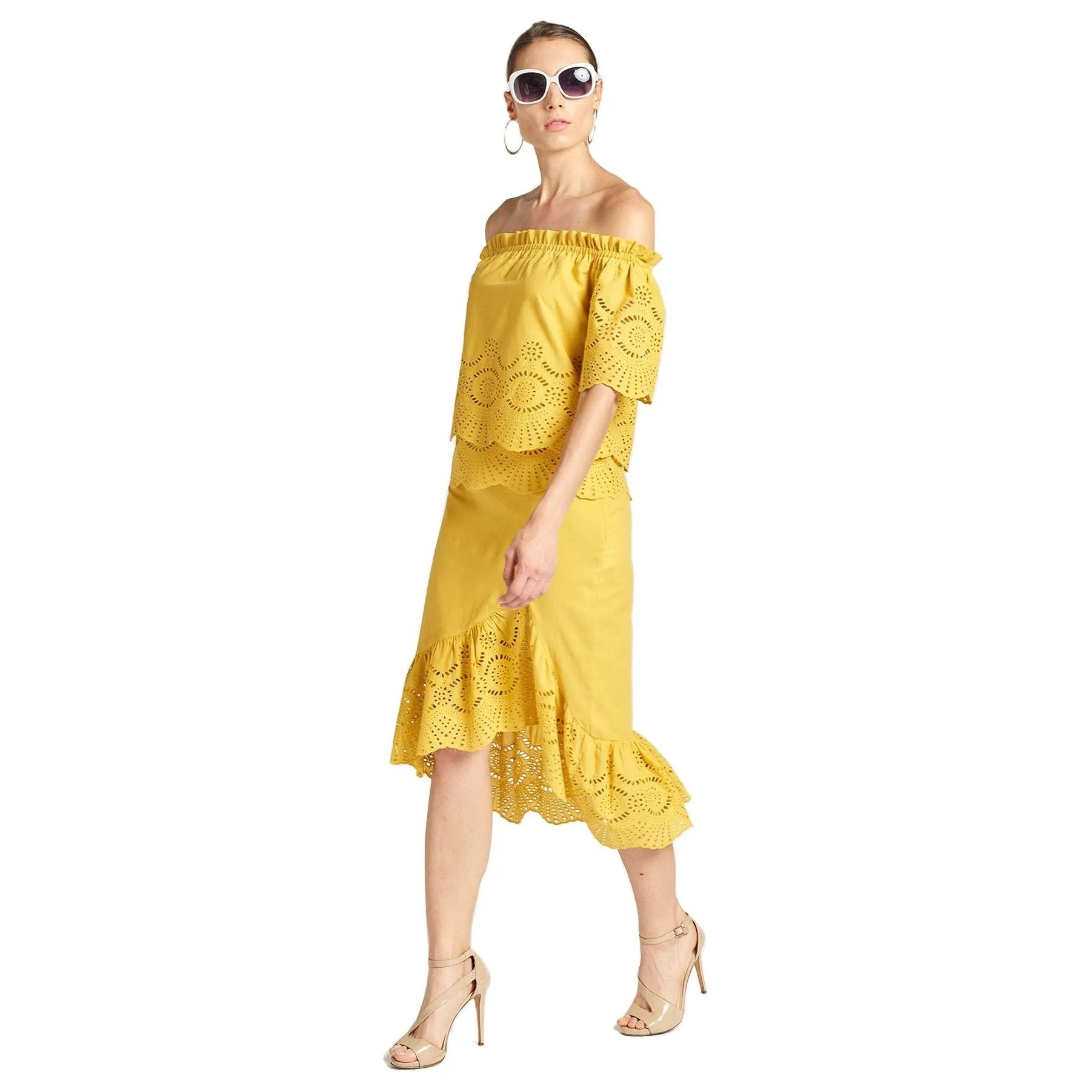 Aster Skirt - Cotton eyelet asymmetric hi-lo skirt marigold