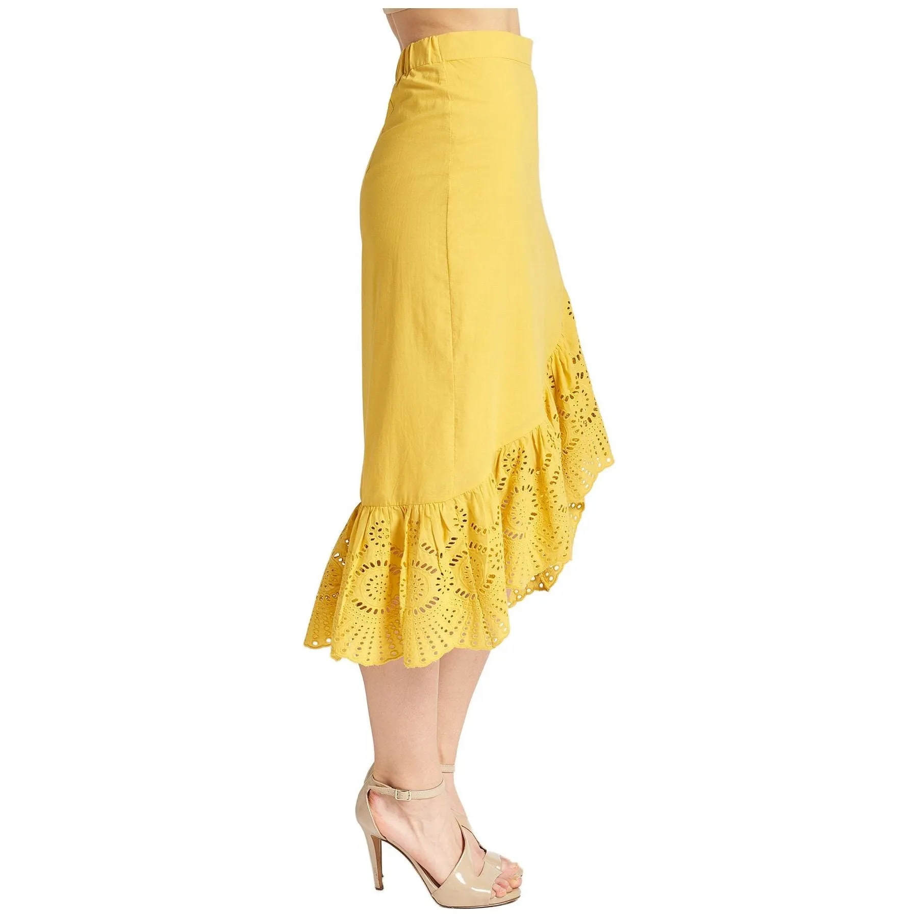 Aster Skirt - Cotton eyelet asymmetric hi-lo skirt marigold