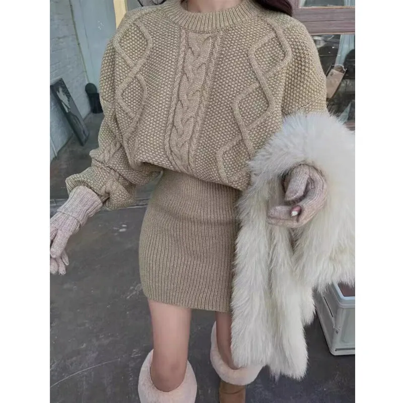 Autumn and Winter Vintage Cable-Knit Dress Set with Femininity, Knitted Sweater Dress. C-241017-2