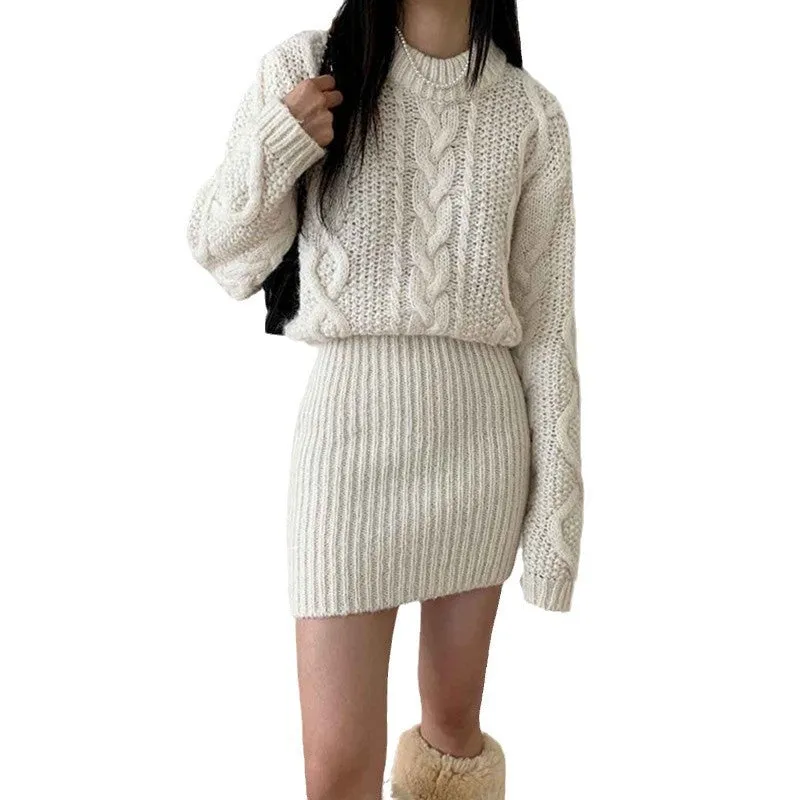 Autumn and Winter Vintage Cable-Knit Dress Set with Femininity, Knitted Sweater Dress. C-241017-2