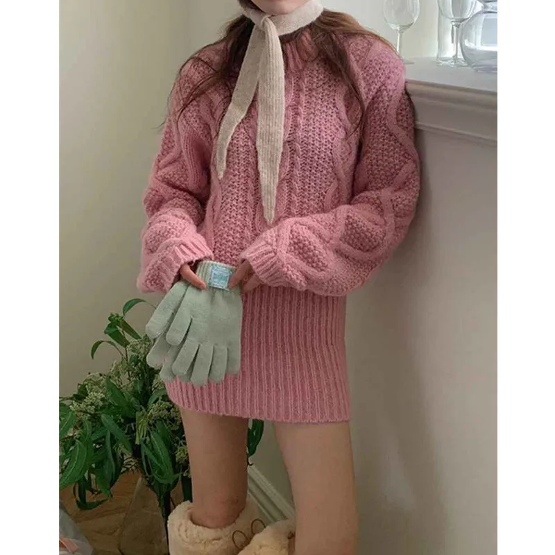 Autumn and Winter Vintage Cable-Knit Dress Set with Femininity, Knitted Sweater Dress. C-241017-2