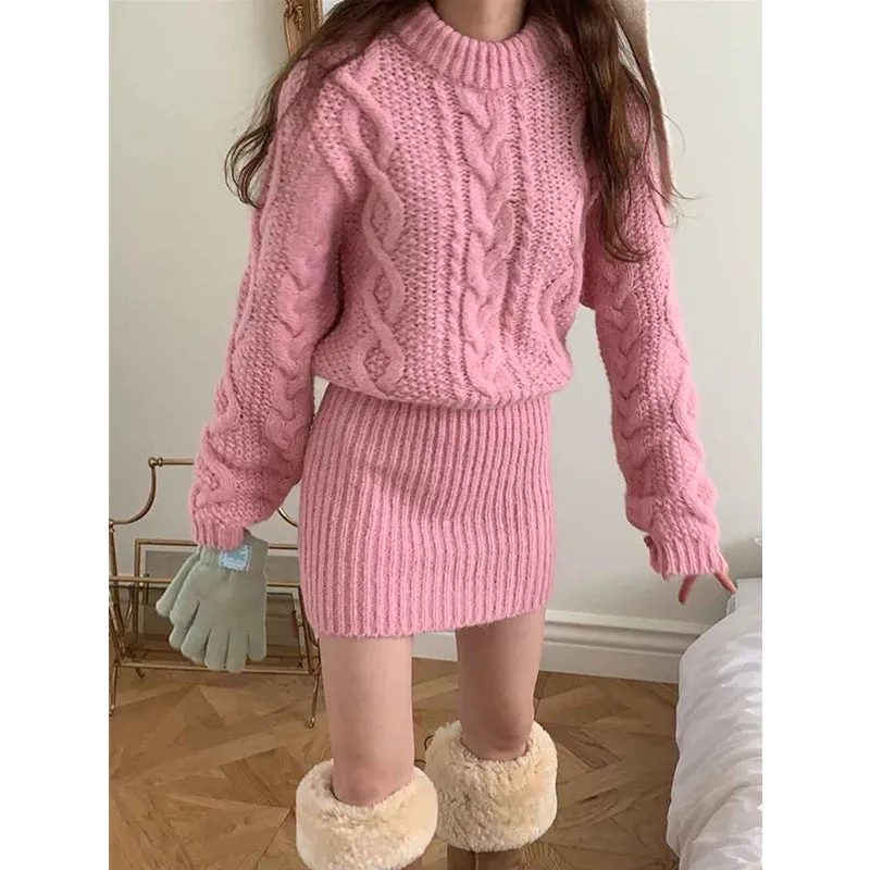 Autumn and Winter Vintage Cable-Knit Dress Set with Femininity, Knitted Sweater Dress. C-241017-2