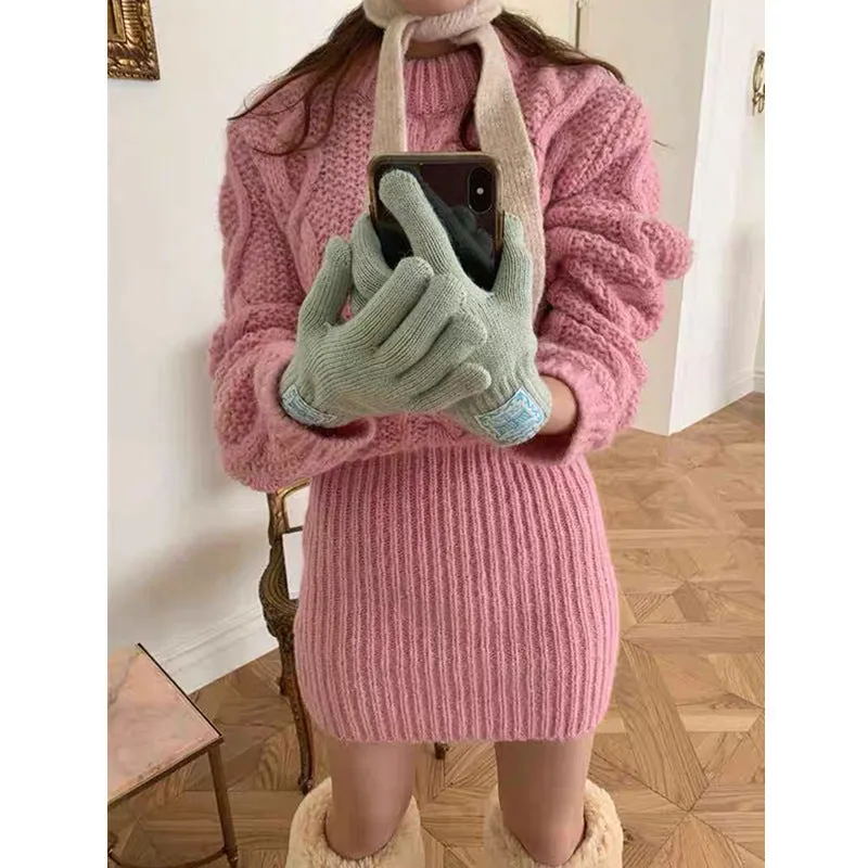 Autumn and Winter Vintage Cable-Knit Dress Set with Femininity, Knitted Sweater Dress. C-241017-2