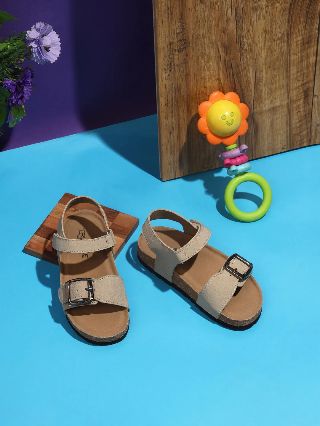 Beige Taupe Cork-Latex Footbed Velcro Sandals For Kids-Unisex (TC-100512-BEIGTAU)