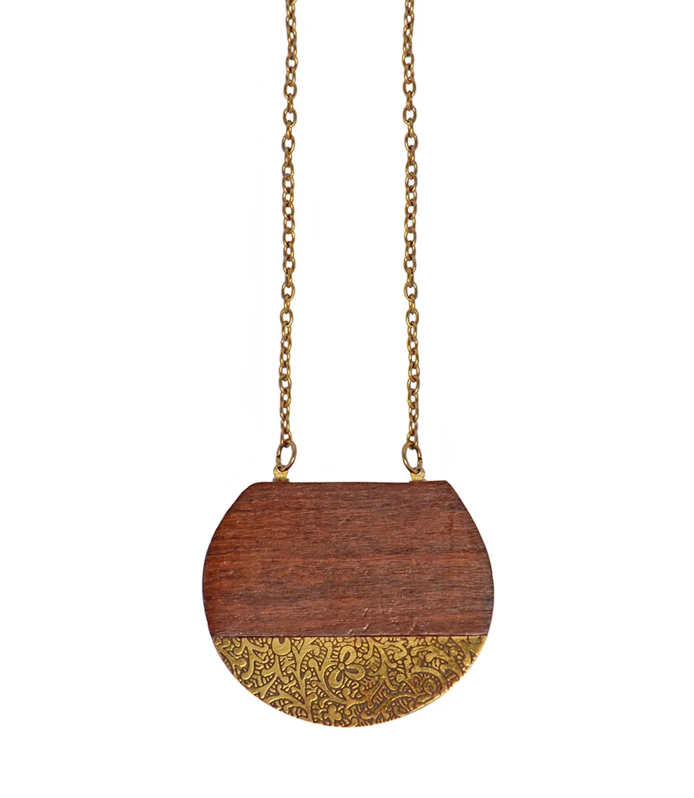 Earth and Fire Sun Pendant Necklace - Wood, Etched Brass
