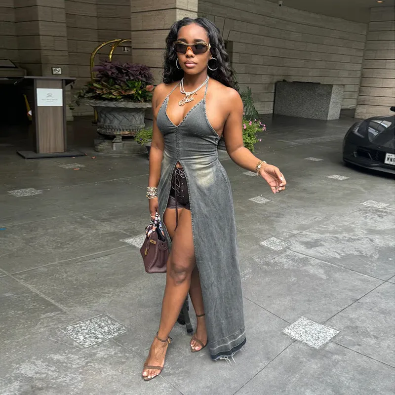 Elegant Halter Neck Denim Maxi Dress with Trendy Slit Design