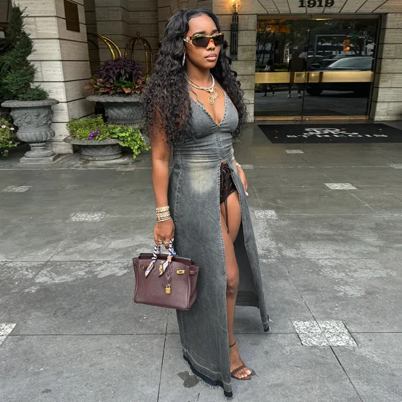 Elegant Halter Neck Denim Maxi Dress with Trendy Slit Design