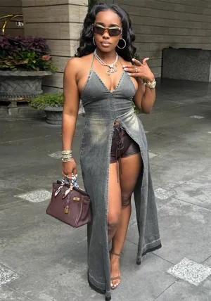 Elegant Halter Neck Denim Maxi Dress with Trendy Slit Design