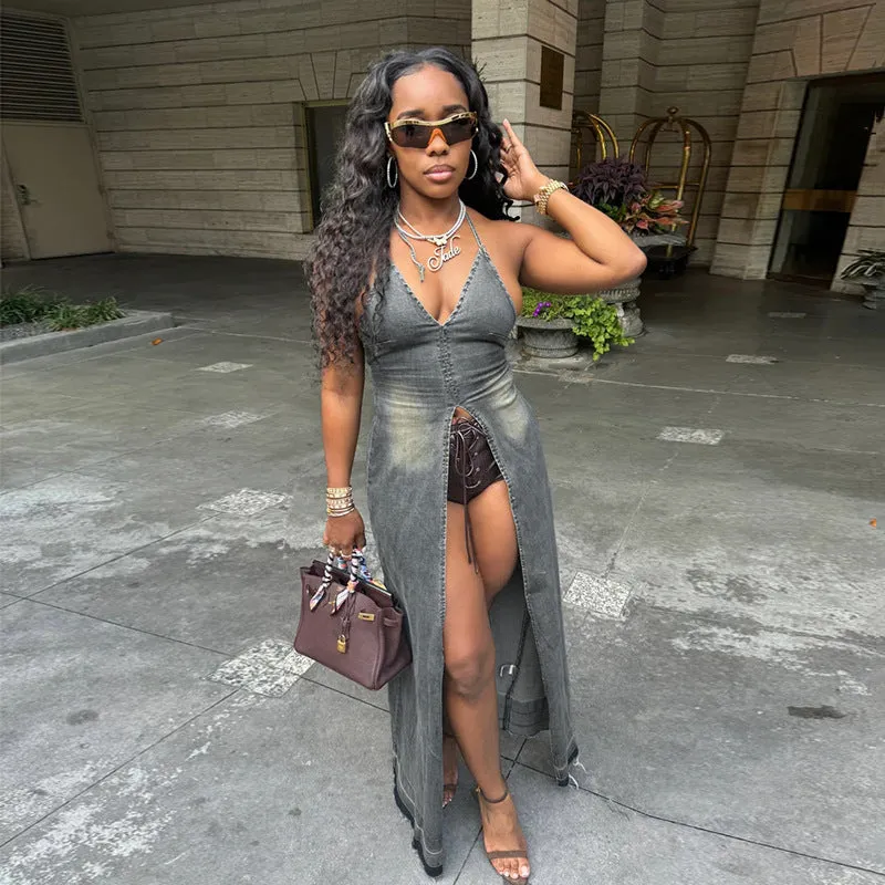 Elegant Halter Neck Denim Maxi Dress with Trendy Slit Design