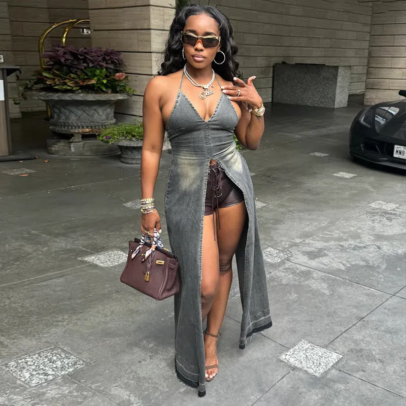 Elegant Halter Neck Denim Maxi Dress with Trendy Slit Design