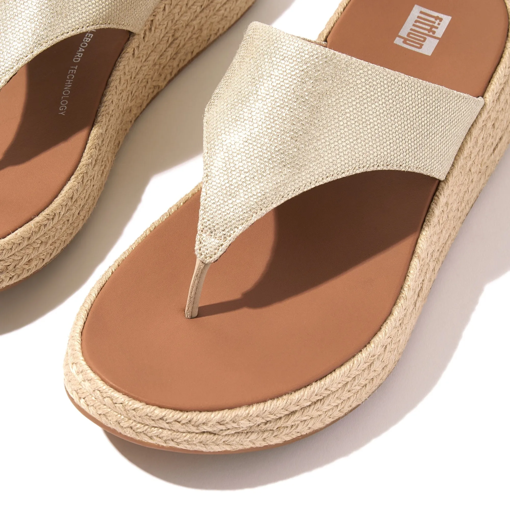 F-Mode Espadrille Glitz-Canvas Flatform Toe-Post Sandals in Ivory