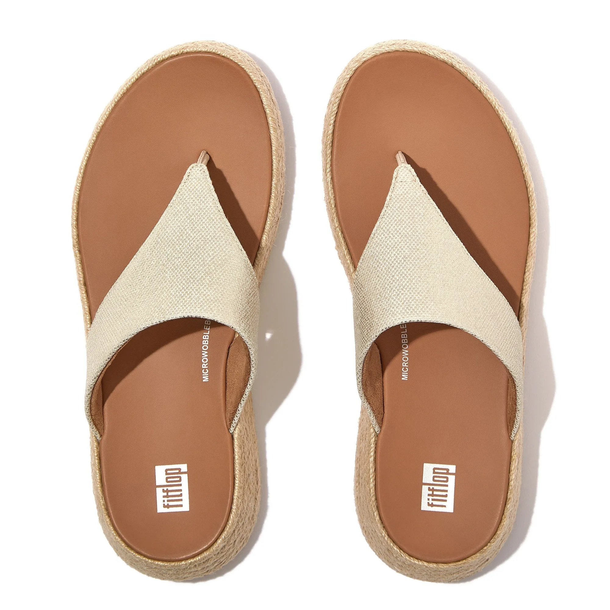 F-Mode Espadrille Glitz-Canvas Flatform Toe-Post Sandals in Ivory