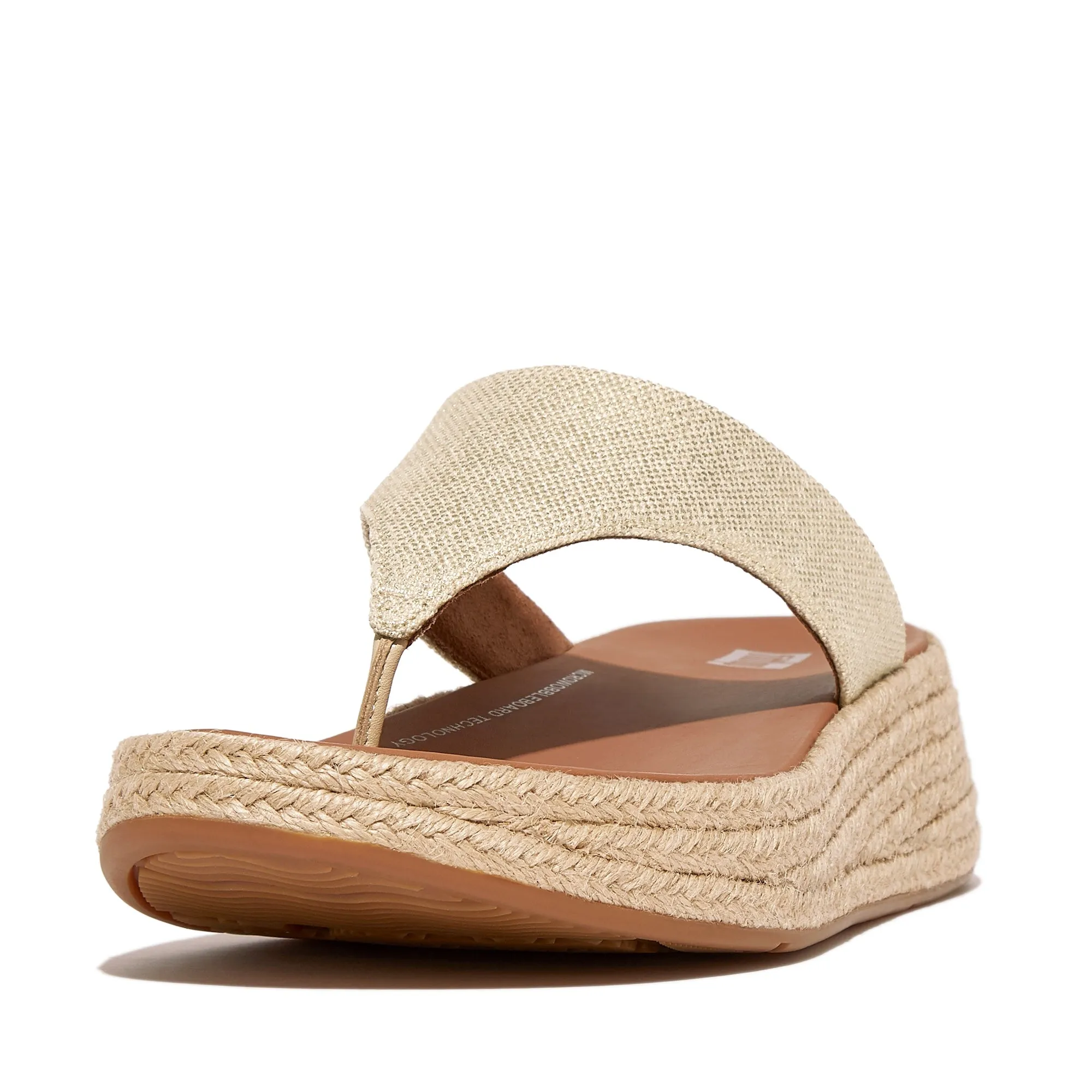 F-Mode Espadrille Glitz-Canvas Flatform Toe-Post Sandals in Ivory