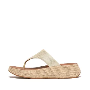 F-Mode Espadrille Glitz-Canvas Flatform Toe-Post Sandals in Ivory