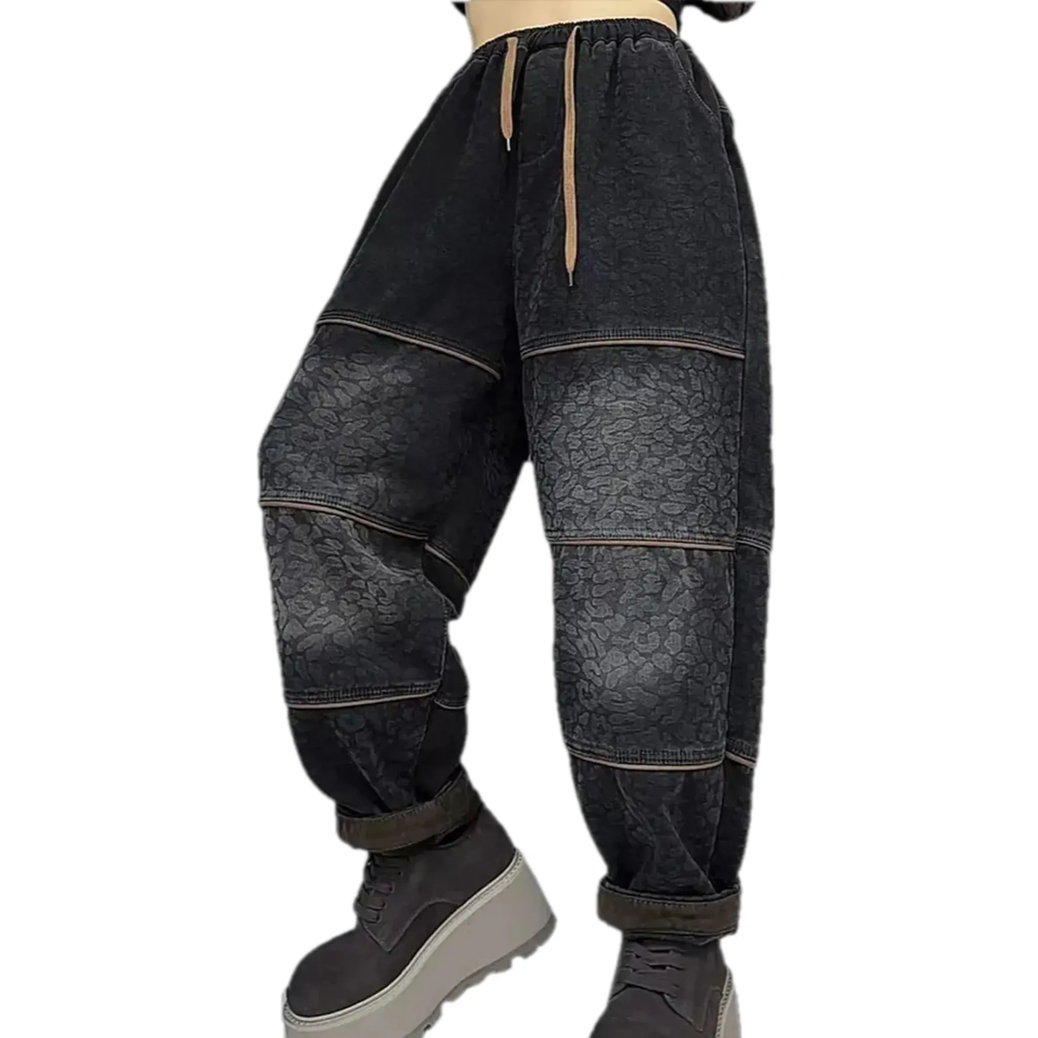 Fashionable warm panelled women's jeans joggers
