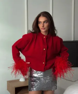 Feather Cuff Cropped Jacket | Luxe Statement Piece | Bold & Chic