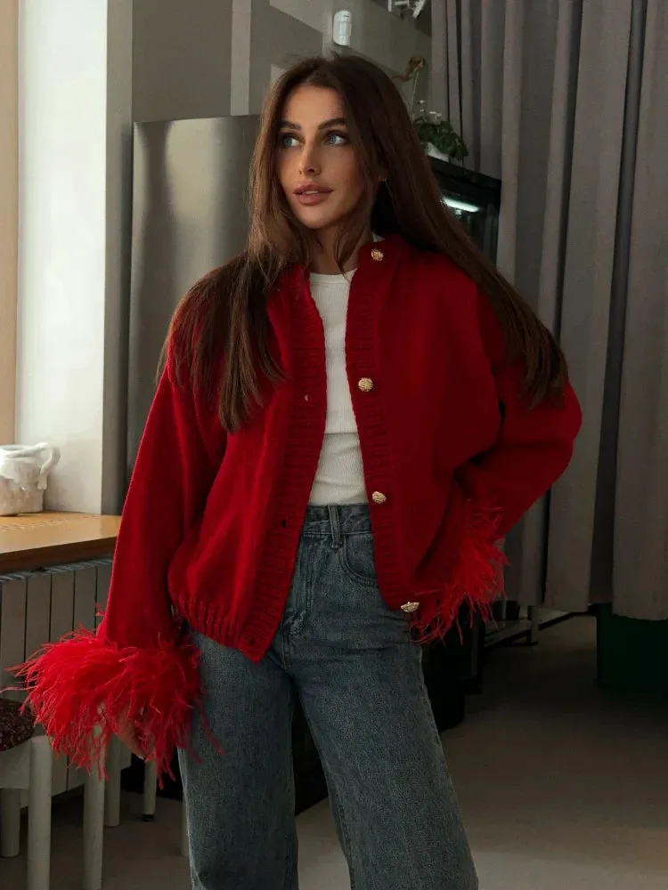 Feather Cuff Cropped Jacket | Luxe Statement Piece | Bold & Chic