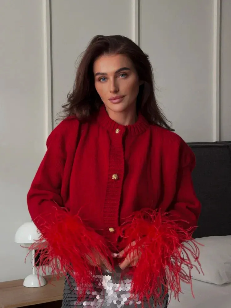 Feather Cuff Cropped Jacket | Luxe Statement Piece | Bold & Chic