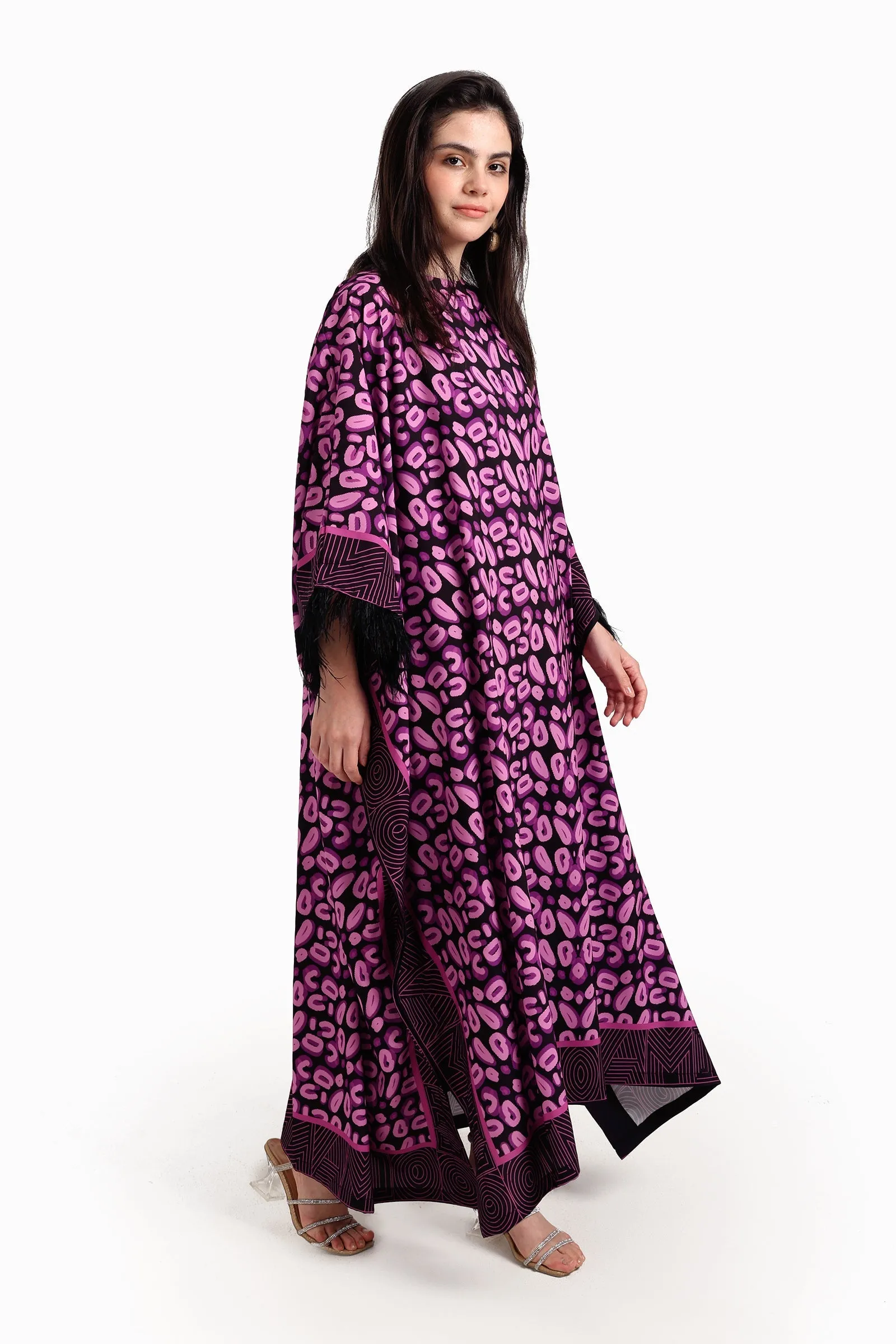 Feather Trimmed Printed Abaya