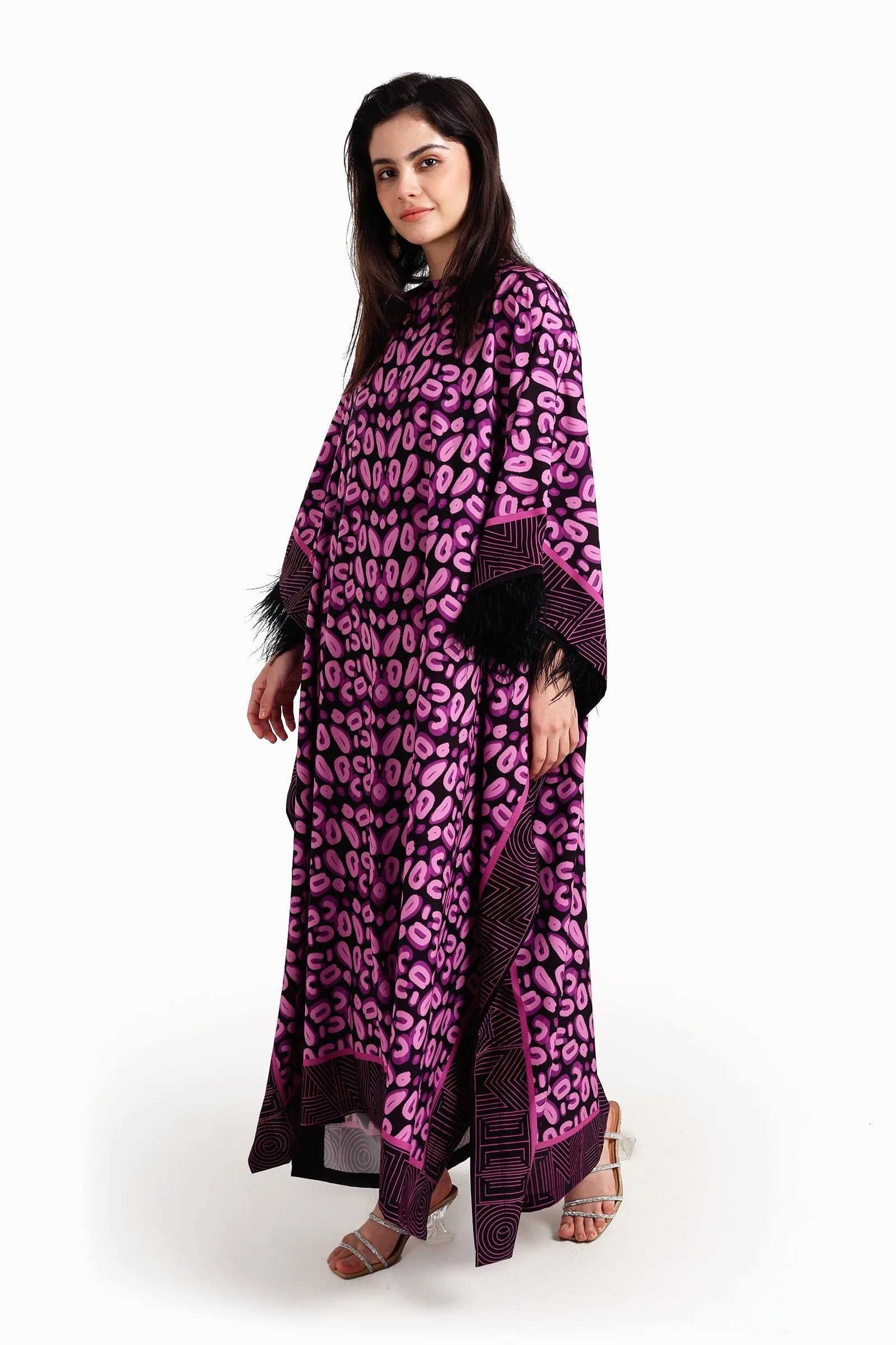 Feather Trimmed Printed Abaya