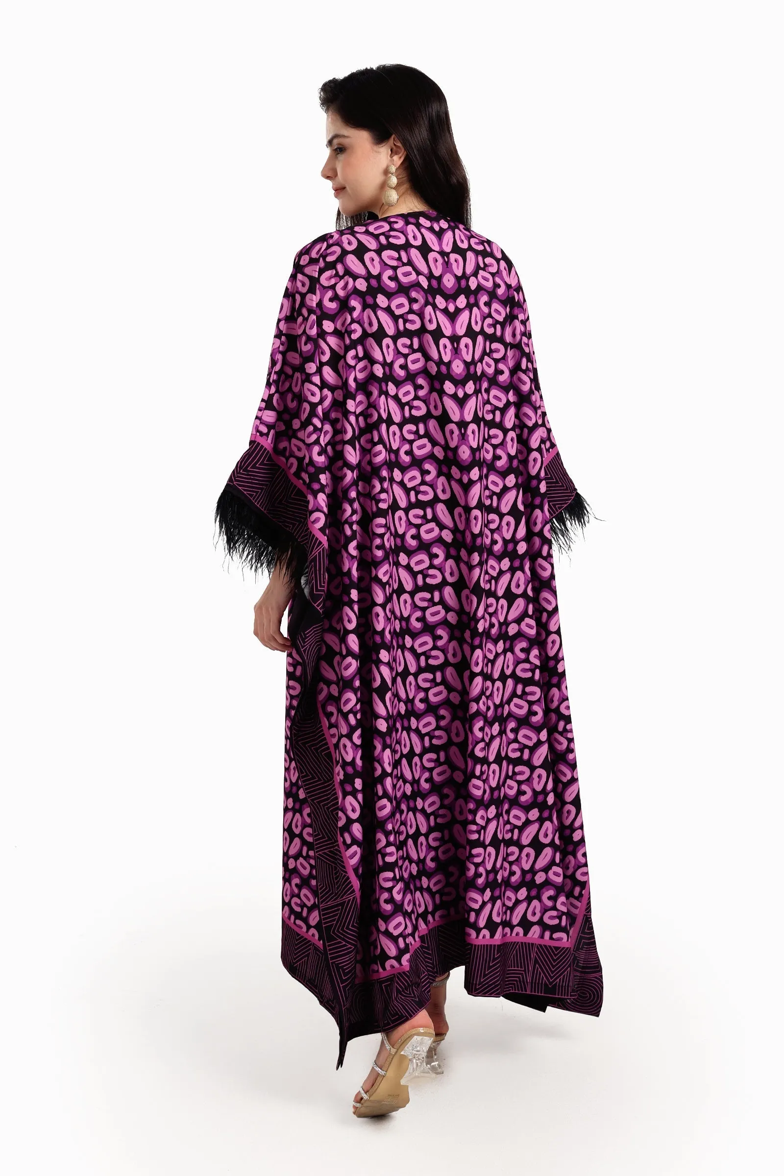 Feather Trimmed Printed Abaya