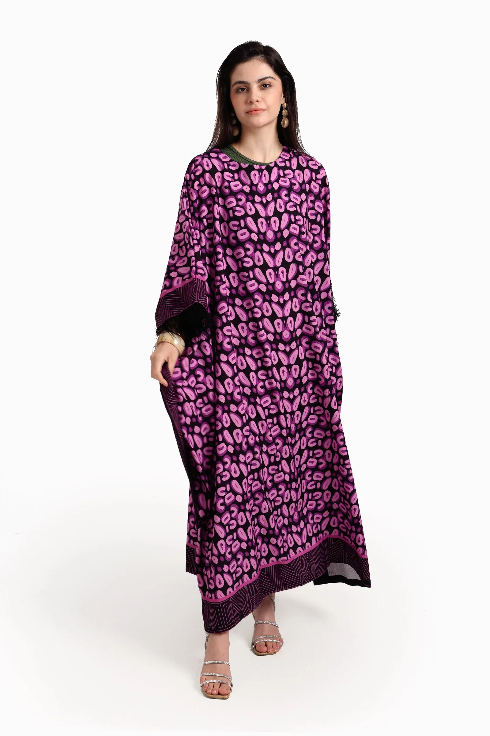 Feather Trimmed Printed Abaya