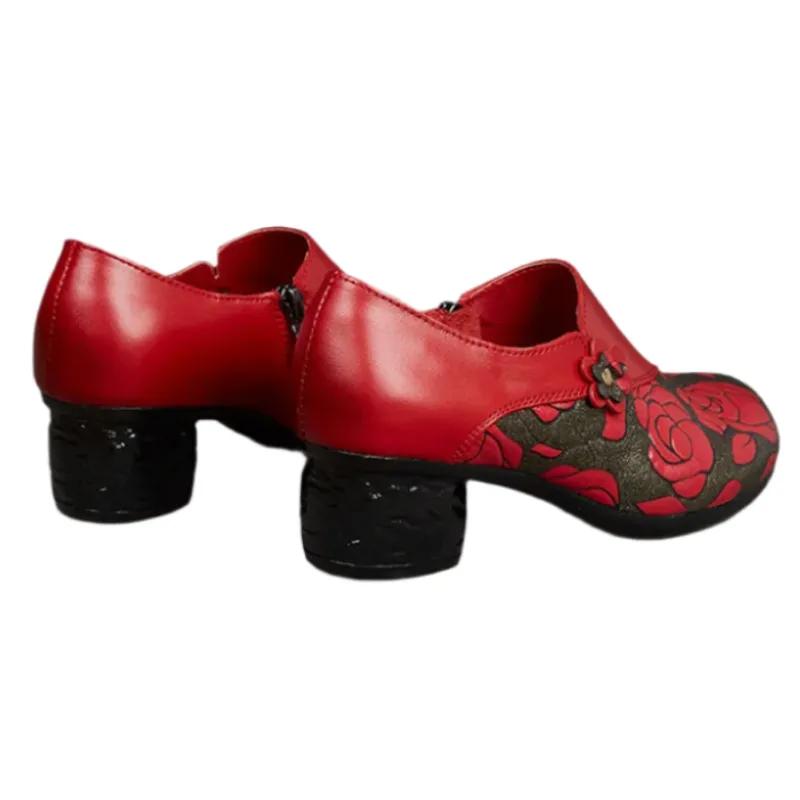 Floral Print Chunky Heel Pumps – Genuine Leather Round Toe Shoes