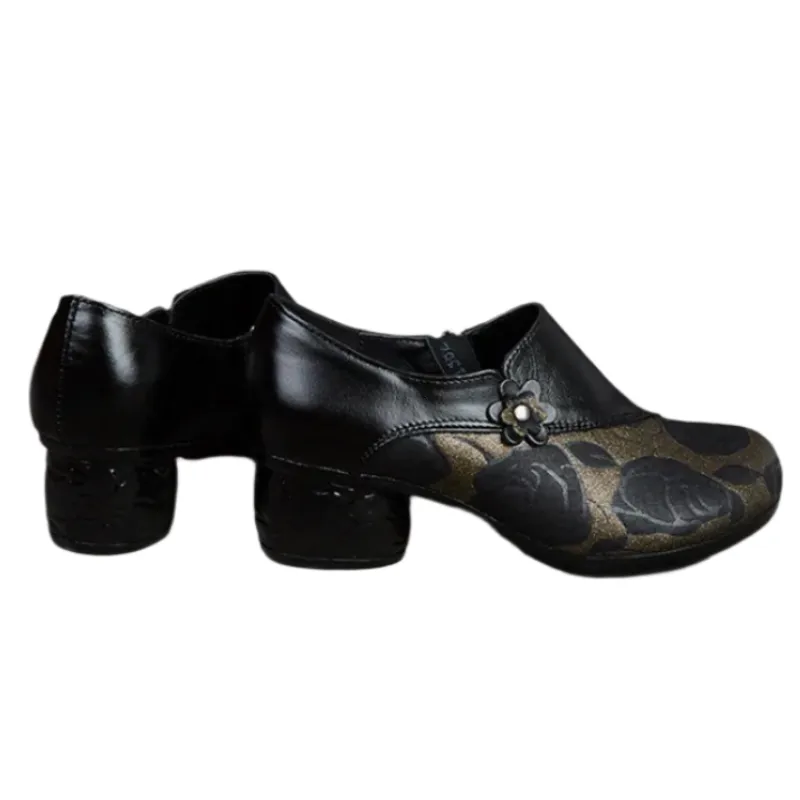 Floral Print Chunky Heel Pumps – Genuine Leather Round Toe Shoes