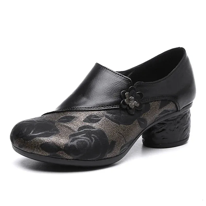 Floral Print Chunky Heel Pumps – Genuine Leather Round Toe Shoes