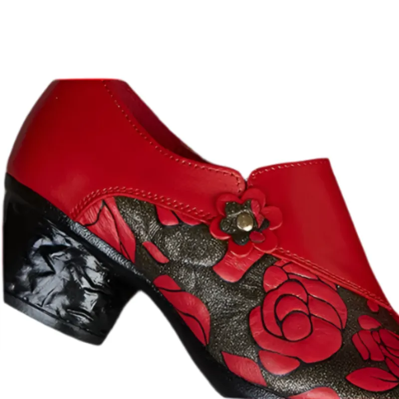 Floral Print Chunky Heel Pumps – Genuine Leather Round Toe Shoes