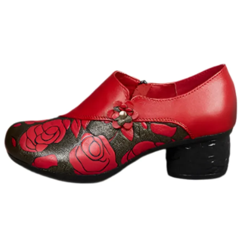 Floral Print Chunky Heel Pumps – Genuine Leather Round Toe Shoes