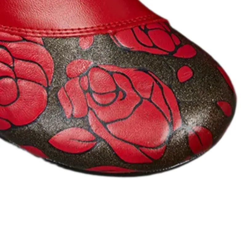 Floral Print Chunky Heel Pumps – Genuine Leather Round Toe Shoes