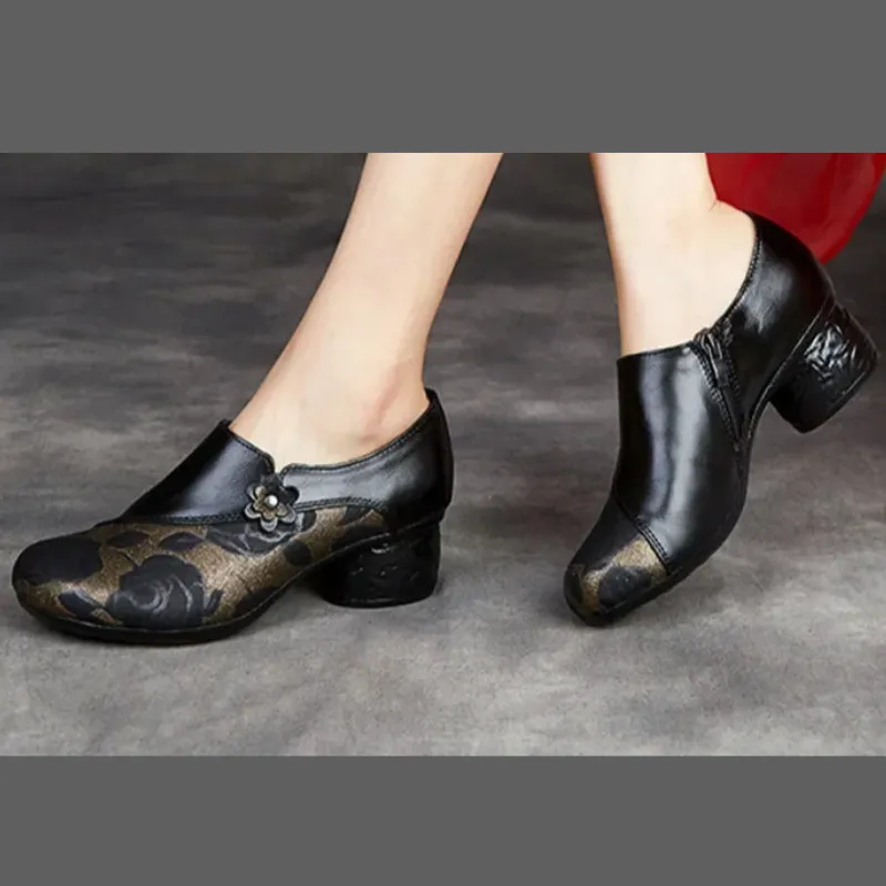 Floral Print Chunky Heel Pumps – Genuine Leather Round Toe Shoes