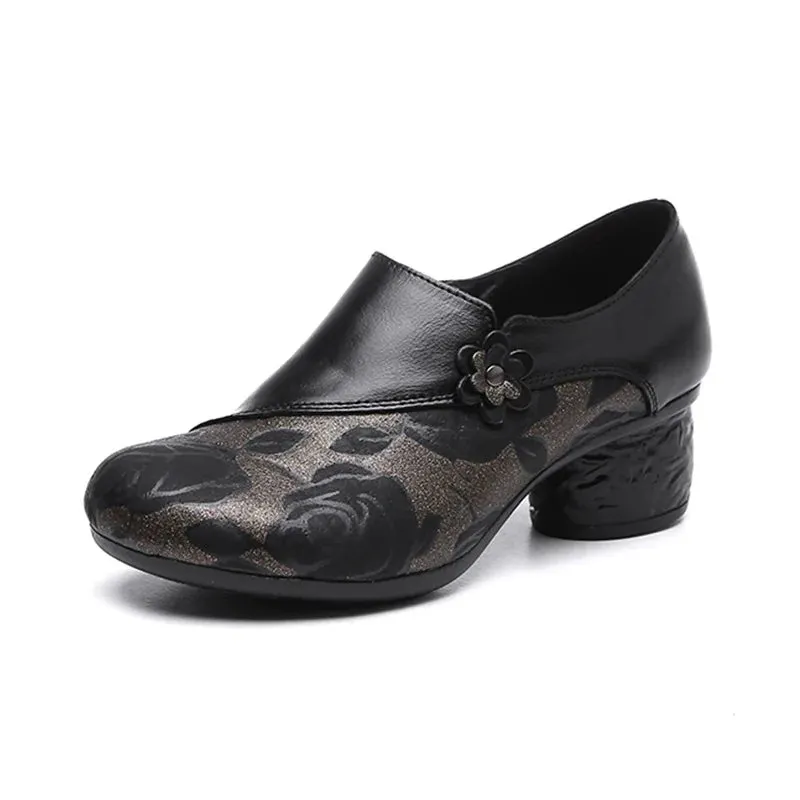 Floral Print Chunky Heel Pumps – Genuine Leather Round Toe Shoes