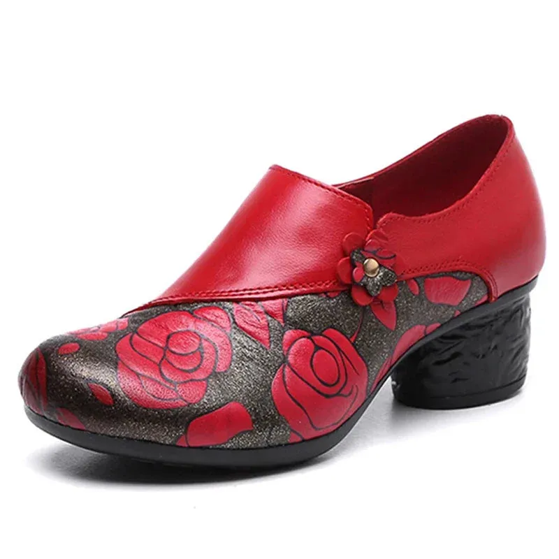 Floral Print Chunky Heel Pumps – Genuine Leather Round Toe Shoes