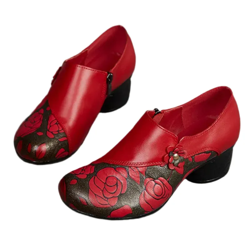 Floral Print Chunky Heel Pumps – Genuine Leather Round Toe Shoes
