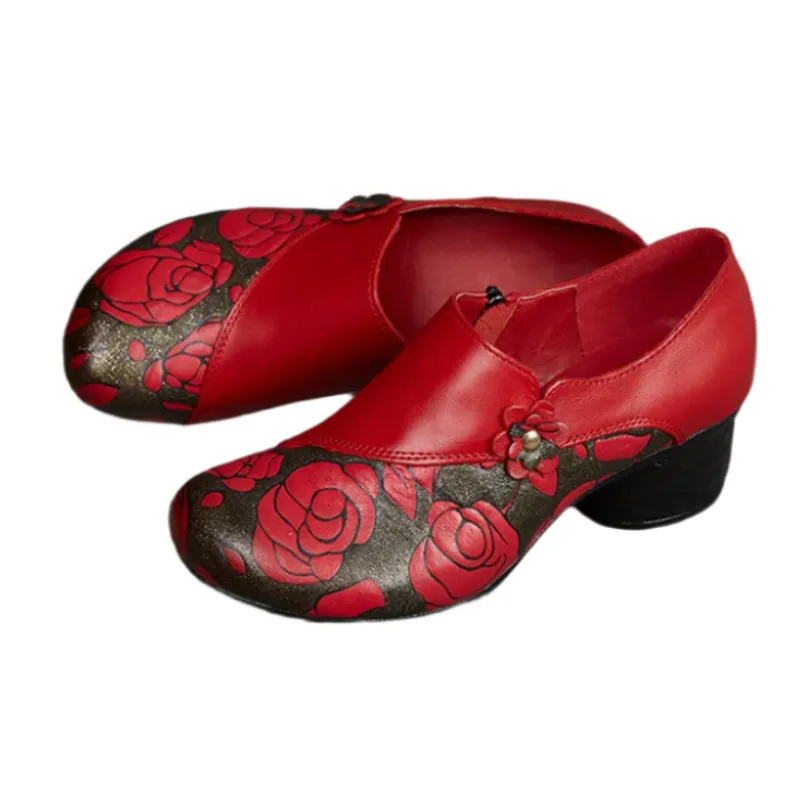 Floral Print Chunky Heel Pumps – Genuine Leather Round Toe Shoes