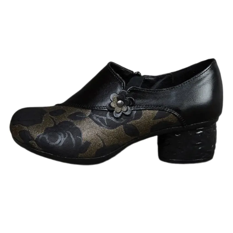 Floral Print Chunky Heel Pumps – Genuine Leather Round Toe Shoes