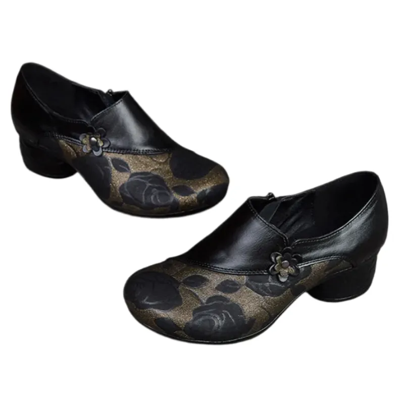 Floral Print Chunky Heel Pumps – Genuine Leather Round Toe Shoes