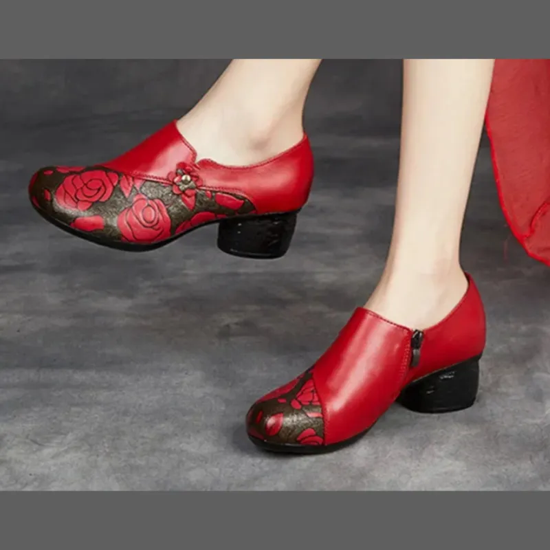 Floral Print Chunky Heel Pumps – Genuine Leather Round Toe Shoes