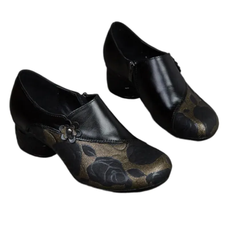 Floral Print Chunky Heel Pumps – Genuine Leather Round Toe Shoes