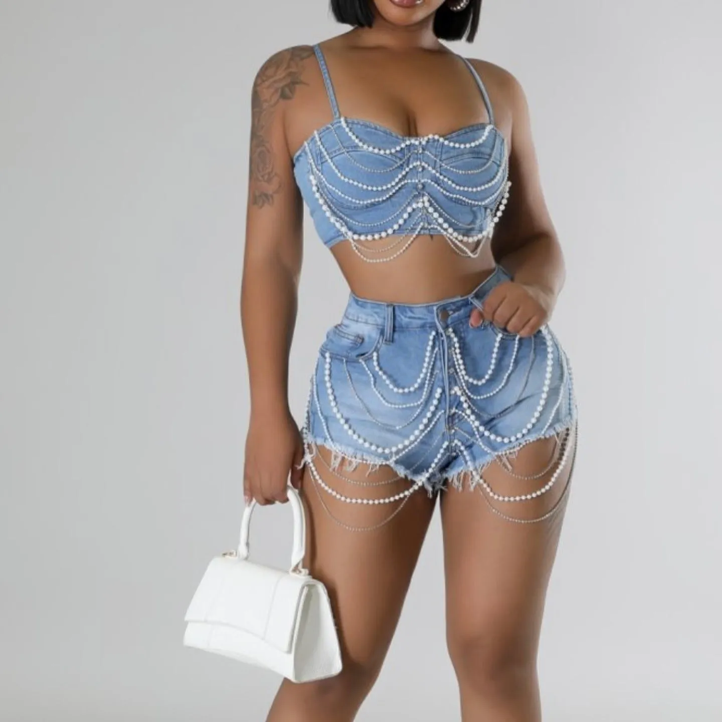 Glamorous Pearl and Diamond Chain Denim Suspender Vest with Shorts Two-Piece Set