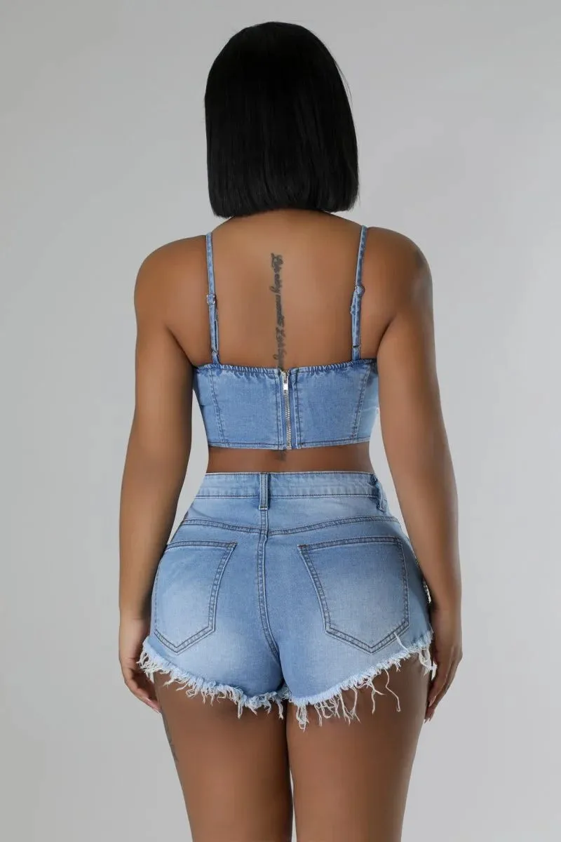 Glamorous Pearl and Diamond Chain Denim Suspender Vest with Shorts Two-Piece Set