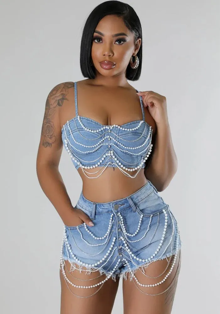 Glamorous Pearl and Diamond Chain Denim Suspender Vest with Shorts Two-Piece Set