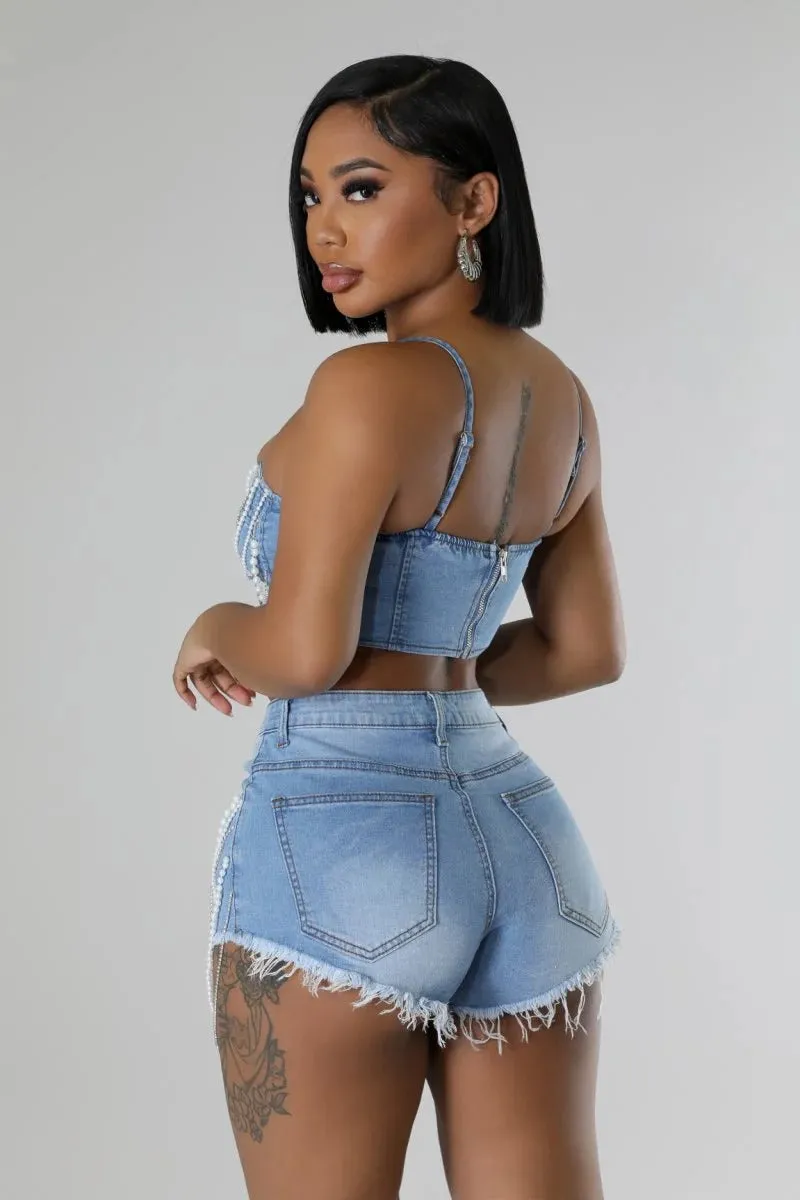 Glamorous Pearl and Diamond Chain Denim Suspender Vest with Shorts Two-Piece Set