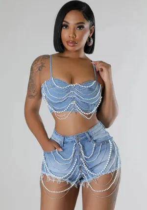 Glamorous Pearl and Diamond Chain Denim Suspender Vest with Shorts Two-Piece Set