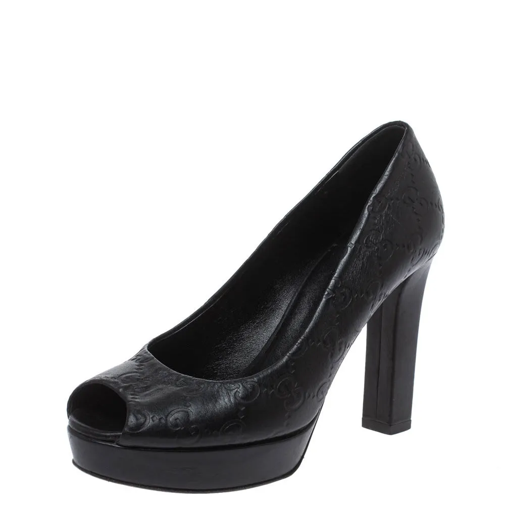 GUCCI GUCCISSIMA LEATHER PEEP TOE PLATFORM PUMPS