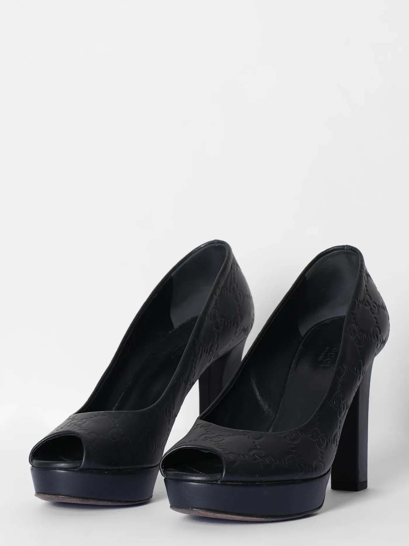 GUCCI GUCCISSIMA LEATHER PEEP TOE PLATFORM PUMPS
